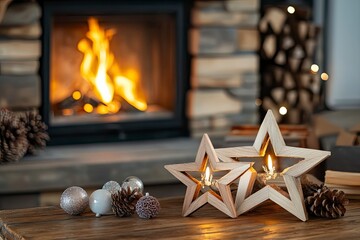 Christmas modern decoration on table against burning fireplace. Stylish wooden star decor in festive room, christmas eve time. with generative ai