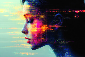 Poster - A side profile of a face with swirling digital streaks, capturing a serene and futuristic aesthetic with emotional depth in pixels.