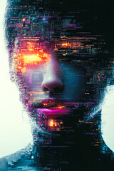 Poster - A dynamic digital face overlaid with glitchy pixel effects symbolizing the intersection of humanity, emotion, and futuristic tech.
