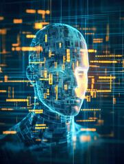Poster - Profile portrait composed of neon data lines, symbolizing human connection with technology and futuristic digital realms.