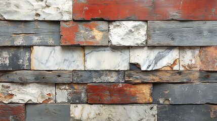 Poster - Textured wall featuring a stunning interplay of roughhewn wooden panels and smooth marble slabs emphasizing a rustic yet contemporary feel perfect for stylish interiors