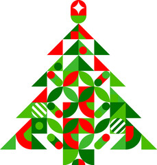 Aufkleber - Abstract Christmas pine tree of geometric pattern for winter holiday, vector banner. Christmas tree in modern geometric pattern of simple shapes with bauble decorations on green mosaic branches