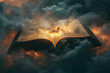© Asif - An open book with pages glowing like stars, floating in the air against a dark background. The sky is filled with swirling clouds