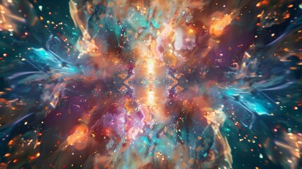 a kaleidoscopic image of the cosmos with particles of various sizes and colors creating a mesmerizin