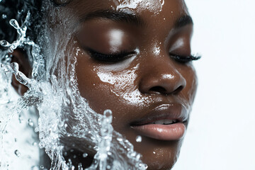 Wall Mural - beauty black diverse female woman model with water splashing on face skin care. facial moisturizing 