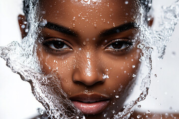Wall Mural - beauty black diverse female woman model with water splashing on face skin care. facial moisturizing 