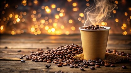 Poster - A steaming cup of coffee with coffee beans and a bokeh background of golden lights