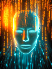 Poster - A glowing geometric face constructed with numbers and coded elements, symbolizing advanced technology and digital revolution.