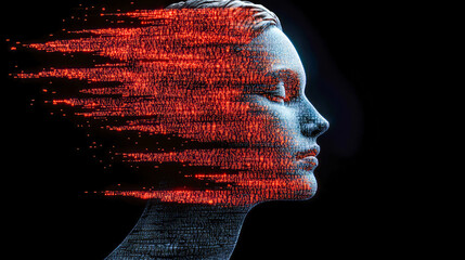 Poster - A digital illustration of a face morphing into data streams, symbolizing the transition from physical to digital, blending realms.