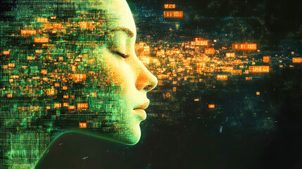 Poster - A futuristic face dissolves into data particles, symbolizing technology's integration with human identity and digital realms.