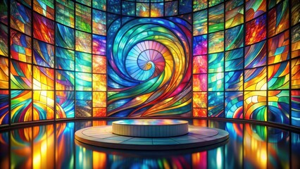 Aufkleber - A circular stage bathed in the radiant glow of a mesmerizing stained glass window, a symphony of colors and shapes celebrating the artistry of light.