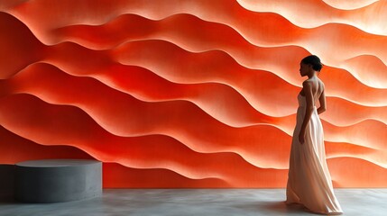 Poster - Vibrant coral tech wall with organic wavy textures and a matte finish creating an energetic and inviting atmosphere in futuristicinspired spaces
