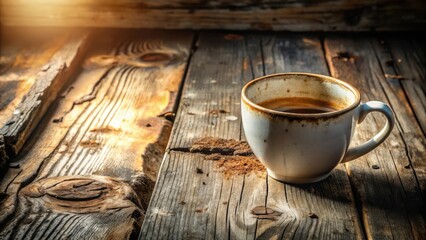 Poster - A cup of coffee resting on a weathered wooden table, bathed in the warm glow of the morning sun.