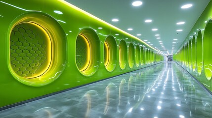 Fototapete - Vibrant lime green tech wall with hexagonal cutouts and glossy details infusing spaces with energy and a forwardthinking vibe for ecofriendly settings