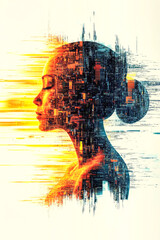 Poster - A silhouette blends with digital code, displaying an intersection of technology and human identity in a vibrant palette.