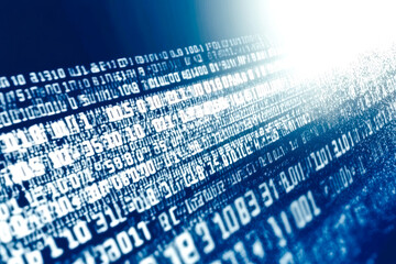Poster - A mesmerizing display of flowing binary numbers bathed in blue light, illustrating the endless stream of digital data.