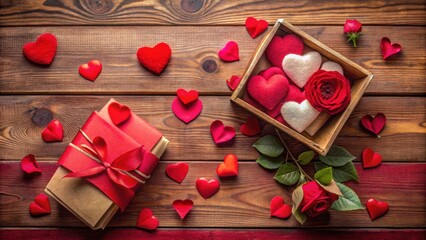 Poster - A Romantic Valentine's Day Gift Set with a Red Rose, Hearts, and a Box on a Wooden Background