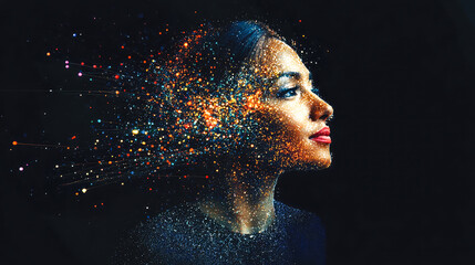 Poster - Profile view of a woman's face with digital particles exploding outward, illustrating the blend of technology and human thought.