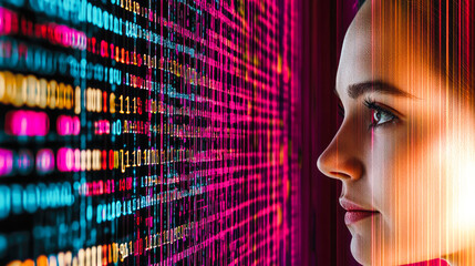 Poster - A digital profile looking at colorful coded data streams, symbolizing the interaction between human cognition and data analysis.