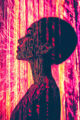 Poster - Silhouette of a person amidst shimmering vertical digital lines, depicting the interplay of identity and technological evolution.