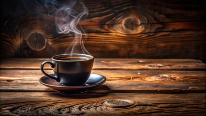Aufkleber - A steaming cup of coffee sits on a rustic wooden table, ready to warm your soul.