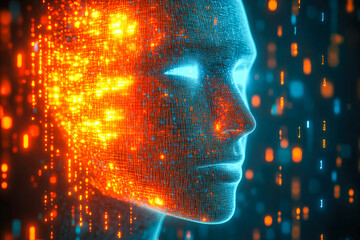 Poster - A digitalized face illuminated with vibrant colors surrounded by dynamic data bits, depicting a blend of art and technology.