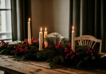 Wall Mural - burning candles illuminating a christmas decoration of fir branches and red berries on a rustic dini