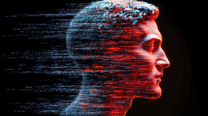 Poster - An abstract depiction of a human side profile formed by binary data, symbolizing the digital age’s impact on identity and essence.