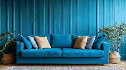 Poster - Vibrant teal panelled wall background with subtle vertical grooves adding a refreshing and tropical feel perfect for coastalinspired living rooms or creative spaces
