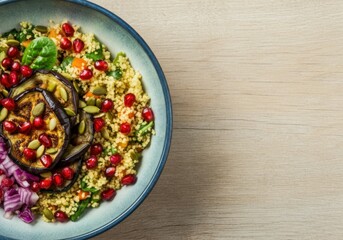 Wall Mural - Bowl of delicious and healthy vegan couscous with grilled eggplant, spinach, and pomegranate seeds on wooden table