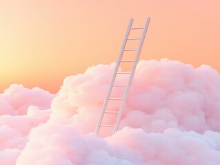 Peach Sky. A Surreal Concept of a Ladder Piercing Through Fluffy Cloud with Heavenly Background - 3D Render