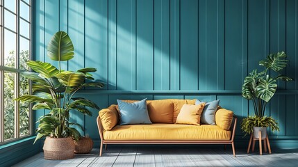 Poster - Vibrant teal panelled wall background with subtle vertical grooves adding a refreshing and tropical feel perfect for coastalinspired living rooms or creative spaces