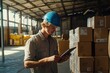 © Running opossum - Warehouse worker wearing a hard hat is using a digital tablet to check inventory