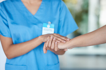 Aufkleber - Hospital, holding hands and nurse with patient for comfort, empathy and support for diagnosis or results. Healthcare, clinic and health worker with person for medical wellness, service and help