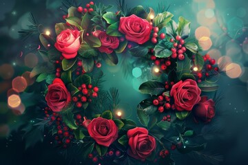 Wall Mural - festive holiday wreath with red roses and berries