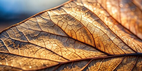 Aufkleber - A Detailed Close-Up of a Delicate Dried Leaf Illuminated by the Warm Glow of the Setting Sun