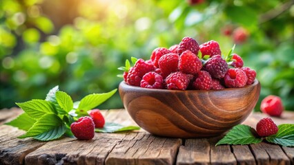Aufkleber - A rustic wooden bowl overflowing with ripe, juicy raspberries, surrounded by vibrant green leaves on a weathered wooden surface, bathed in the soft glow of the sun.