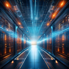 Wall Mural - Futuristic Data Center Corridor: Gateway to Digital Infinity