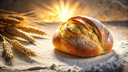 Poster - A golden loaf of bread dusted with flour, surrounded by wheat stalks, bathed in warm light.