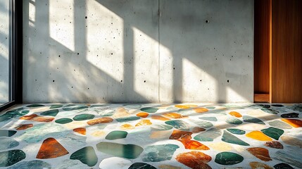 Poster - Vibrant terrazzo flooring pattern with lively shades of emerald green bright orange and soft white set against a light gray concrete wall creating an energetic ambiance