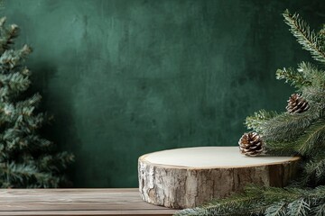 Empty log podium with tablecloth on wooden table over green wall and pine tree decoration background. with generative ai