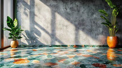 Poster - Vibrant terrazzo flooring pattern with lively shades of emerald green bright orange and soft white set against a light gray concrete wall creating an energetic ambiance