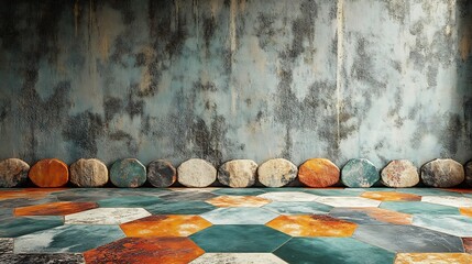 Poster - Vibrant terrazzo flooring pattern with lively shades of emerald green bright orange and soft white set against a light gray concrete wall creating an energetic ambiance