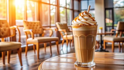 Canvas Print - A tall glass of iced coffee topped with whipped cream and caramel sauce sits on a wooden table in a cafe with chairs blurred in the background, the sun shining through the windows