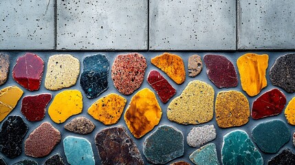 Fototapete - Vibrant terrazzo marble flooring texture with a colorful assortment of red yellow and green stones seamlessly blending with a textured concrete wall to create a lively setting