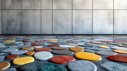 Poster - Vibrant terrazzo marble flooring texture with a colorful assortment of red yellow and green stones seamlessly blending with a textured concrete wall to create a lively setting