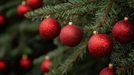 Red decorative balls hanging on a Christmas tree branch, creating a festive and classic holiday display, captured using a DSLR camera.