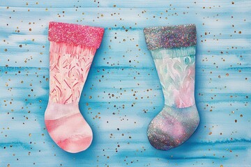 Two colorful festive socks hang against a soft blue background sprinkled with glitter capturing a whimsical holiday spirit