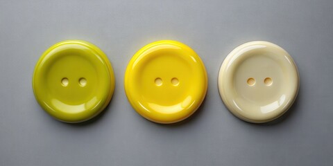 A row of three shiny buttons in various colors of yellow, green, and beige on a gray background