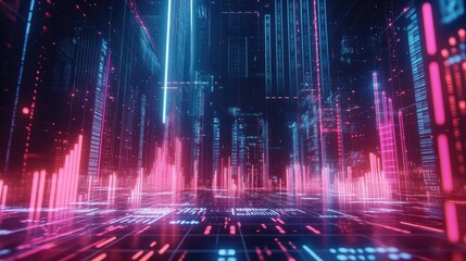 Poster - Futuristic Digital Landscape with Neon Lights and Data